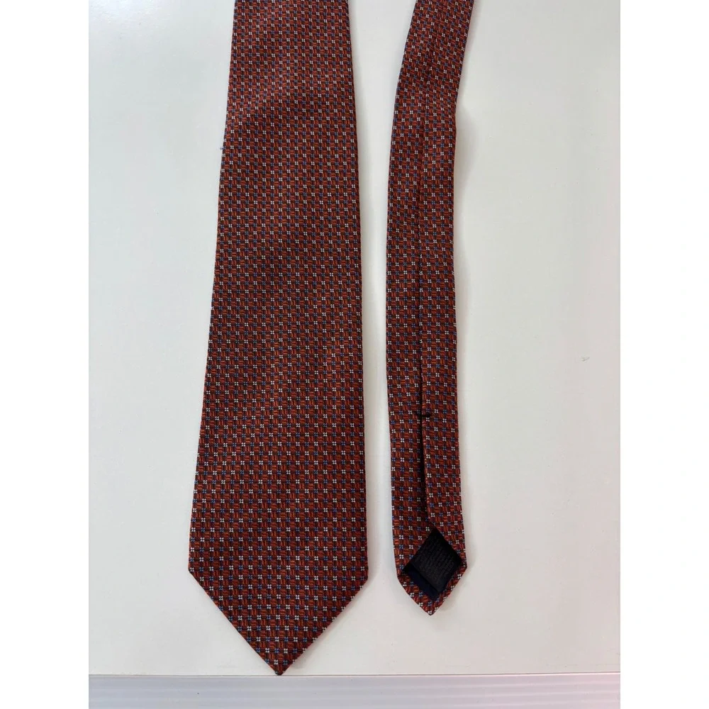 Brooks Brothers Makers Silk Tie Burnt Orange Blue Geometric Micro Pattern Mens